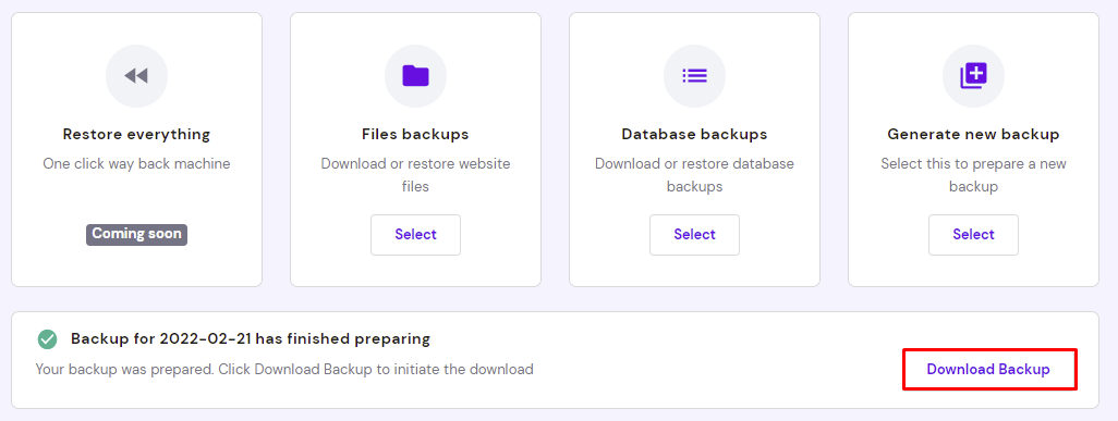 A Download Backup button will appear after the file backup data has finished preparing