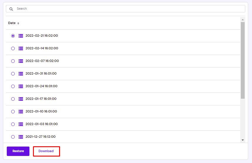 The backup logs that have been generated over time. User can pick one to download.
