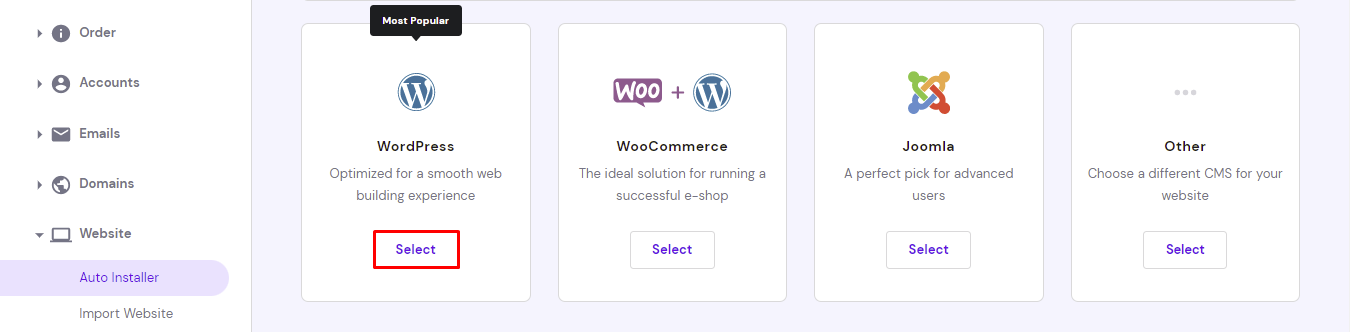 Locating WordPress auto-installer in Hostinger hPanel dashboard