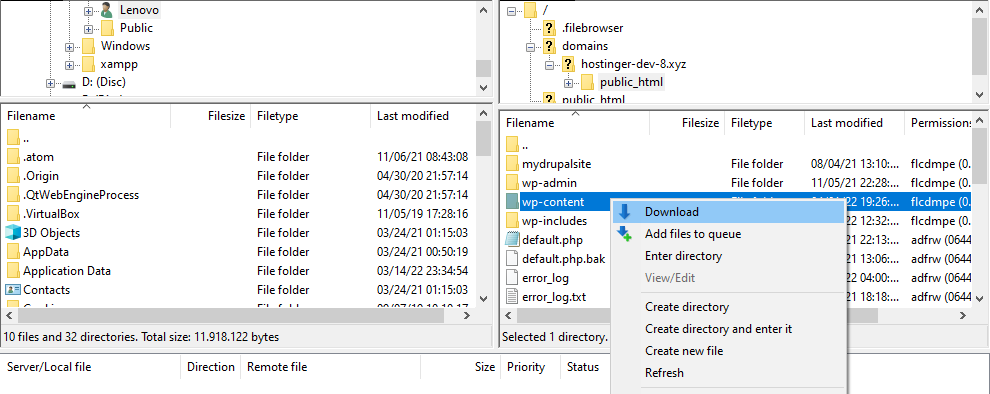 Downloading the wp-content folder via FileZilla