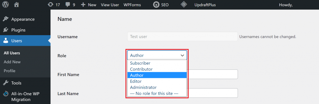 User role options