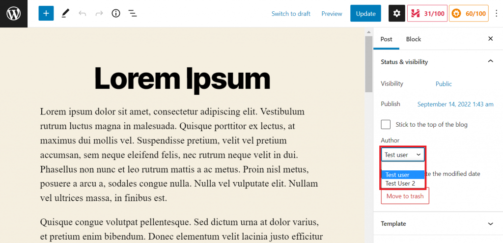 Assigning a new post author in the WordPress Gutenberg editor