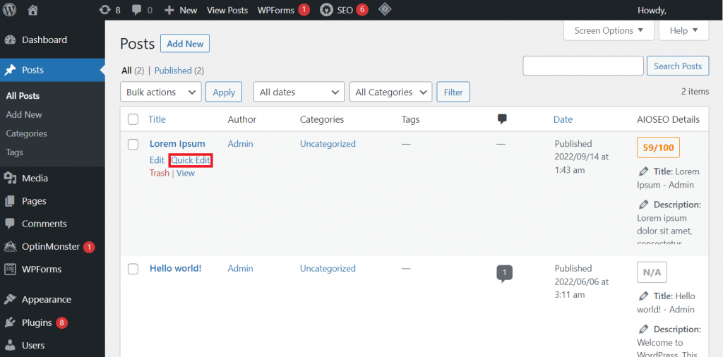 A highlighted Quick Edit button next to a post on WordPress