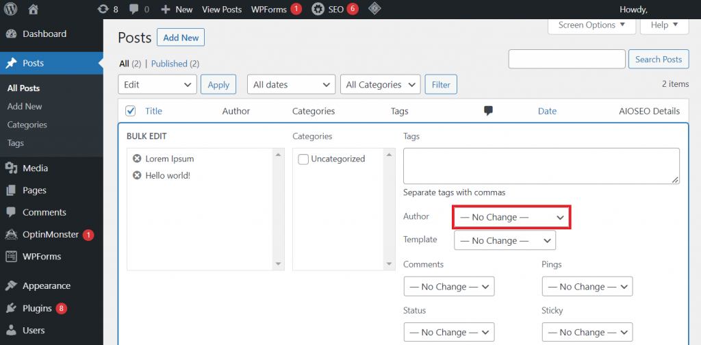 Changing multiple WordPress posts author in bulk.