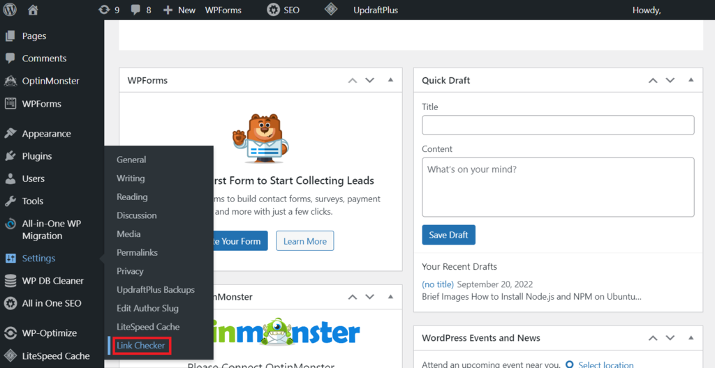 Link checker menu on the WordPress sidebar Link checker menu on the WordPress sidebar
