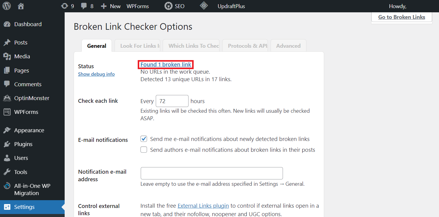 Broken Link reports one broken links on your WordPress site