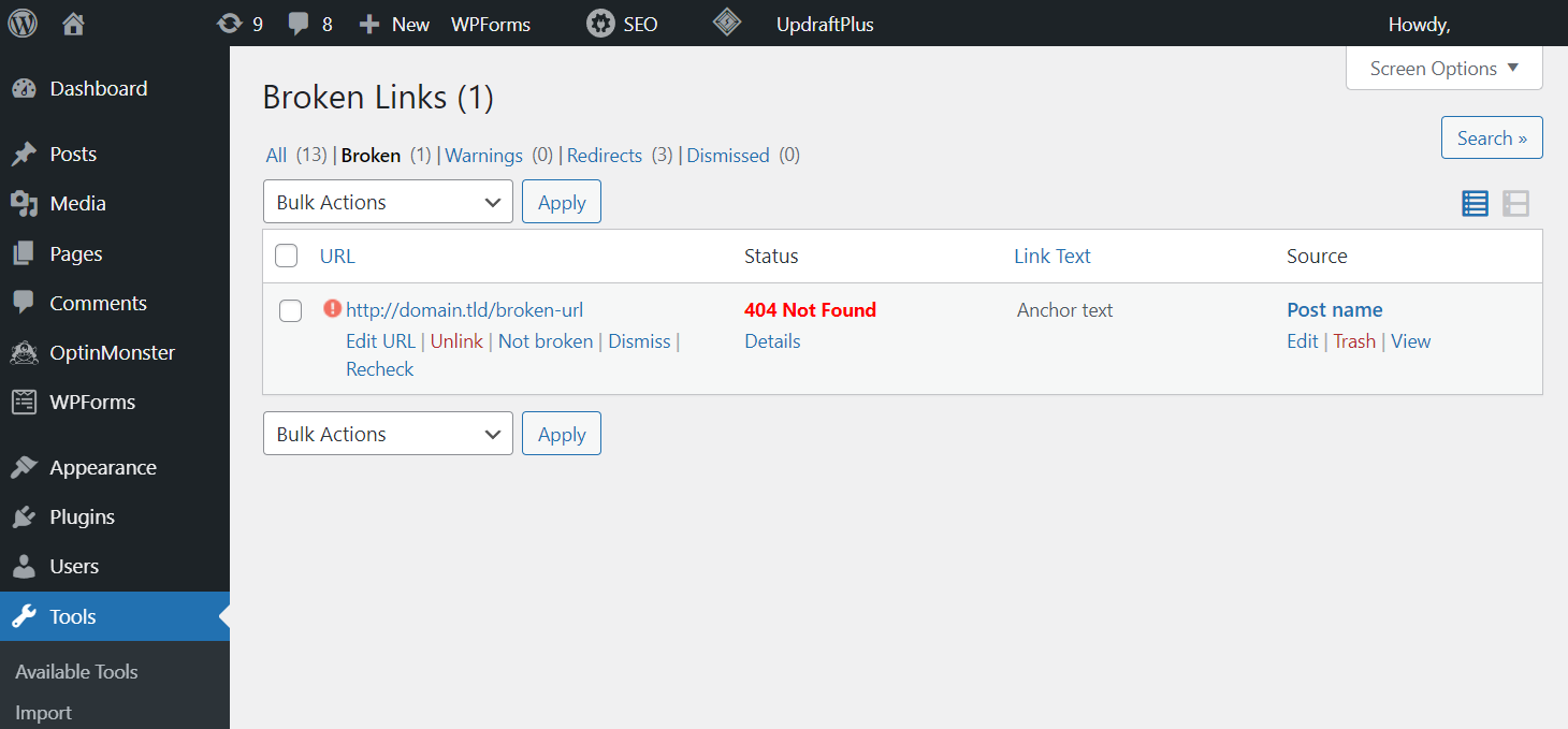 Broken link management menu on the Link Checker plugin