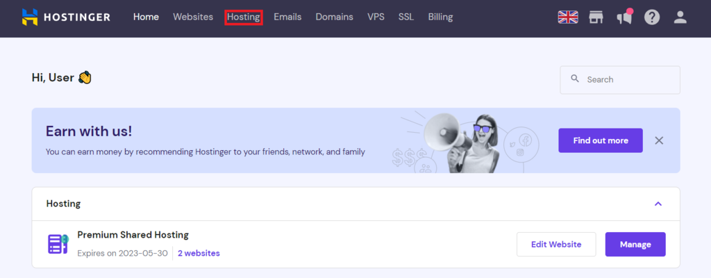 Hosting menu in hPanel home screen
