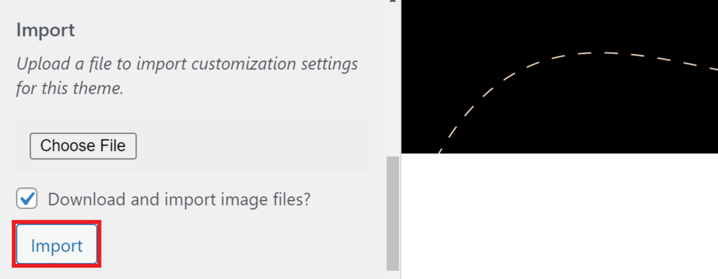 Import page on the WordPress theme customizer, highlighting the "Import" button.