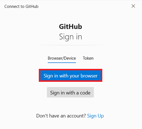 Sign in with your browser option in the Connect to GitHub window.