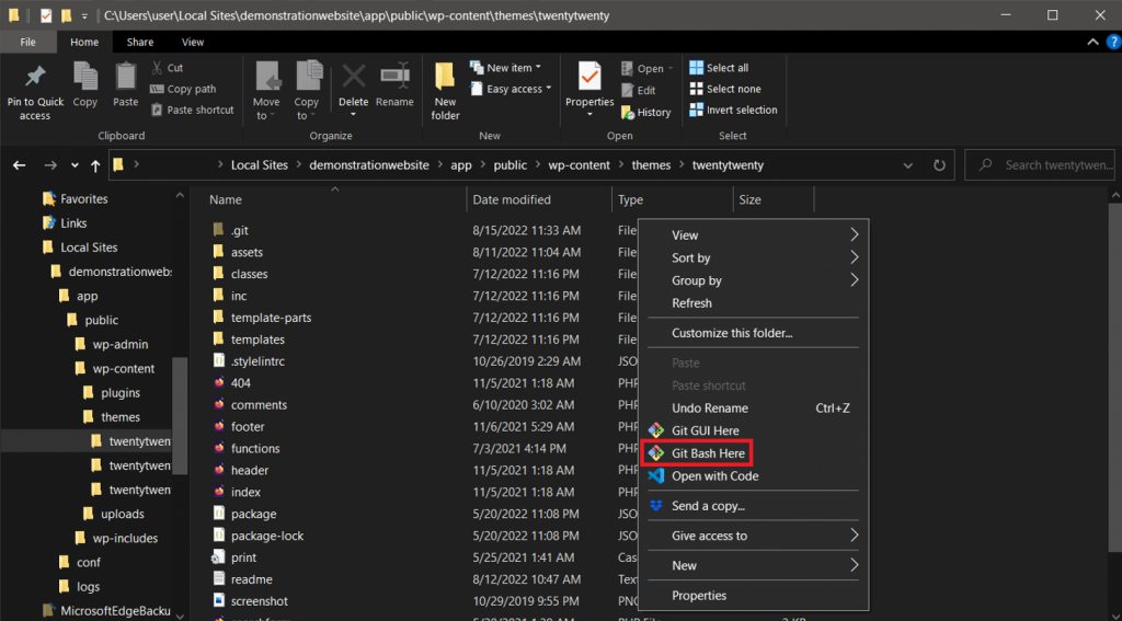Git Bash Here on a local repository folder