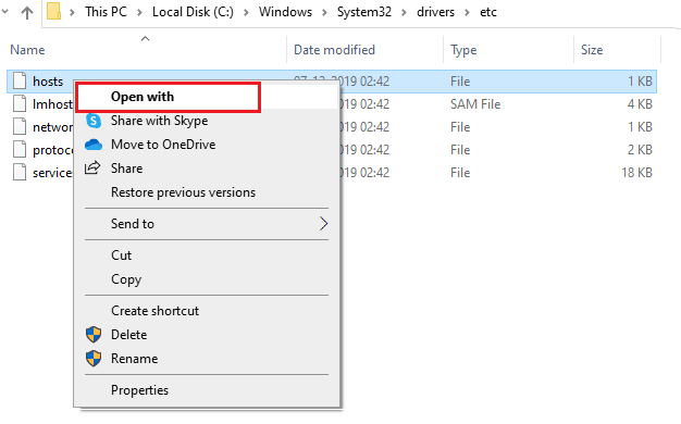 right click on the hosts file and select the Open with option 