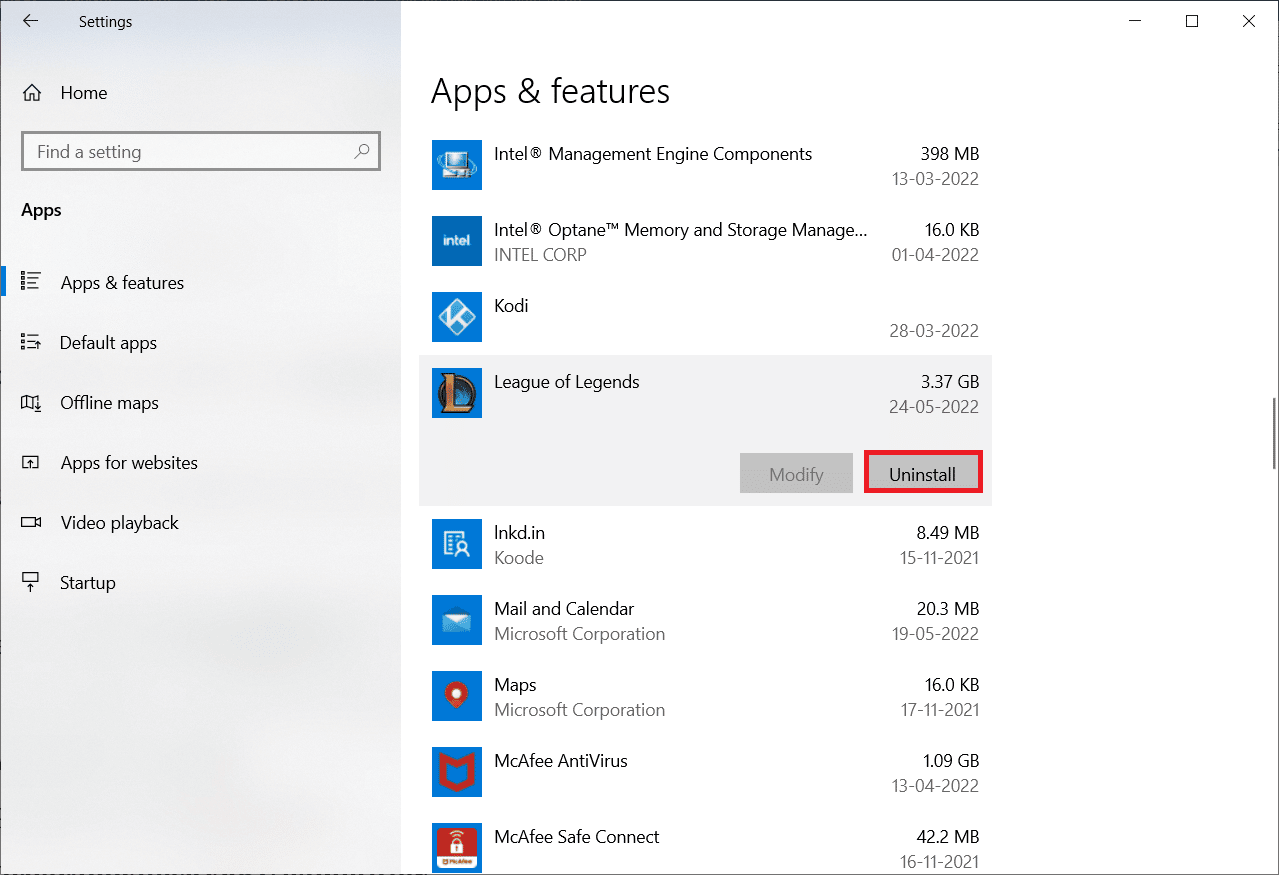 Scroll down and click on League of Legends. Then, select Uninstall