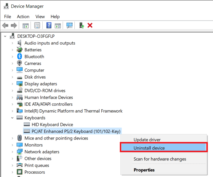 Right-click on your keyboard drivers and select Uninstall Device