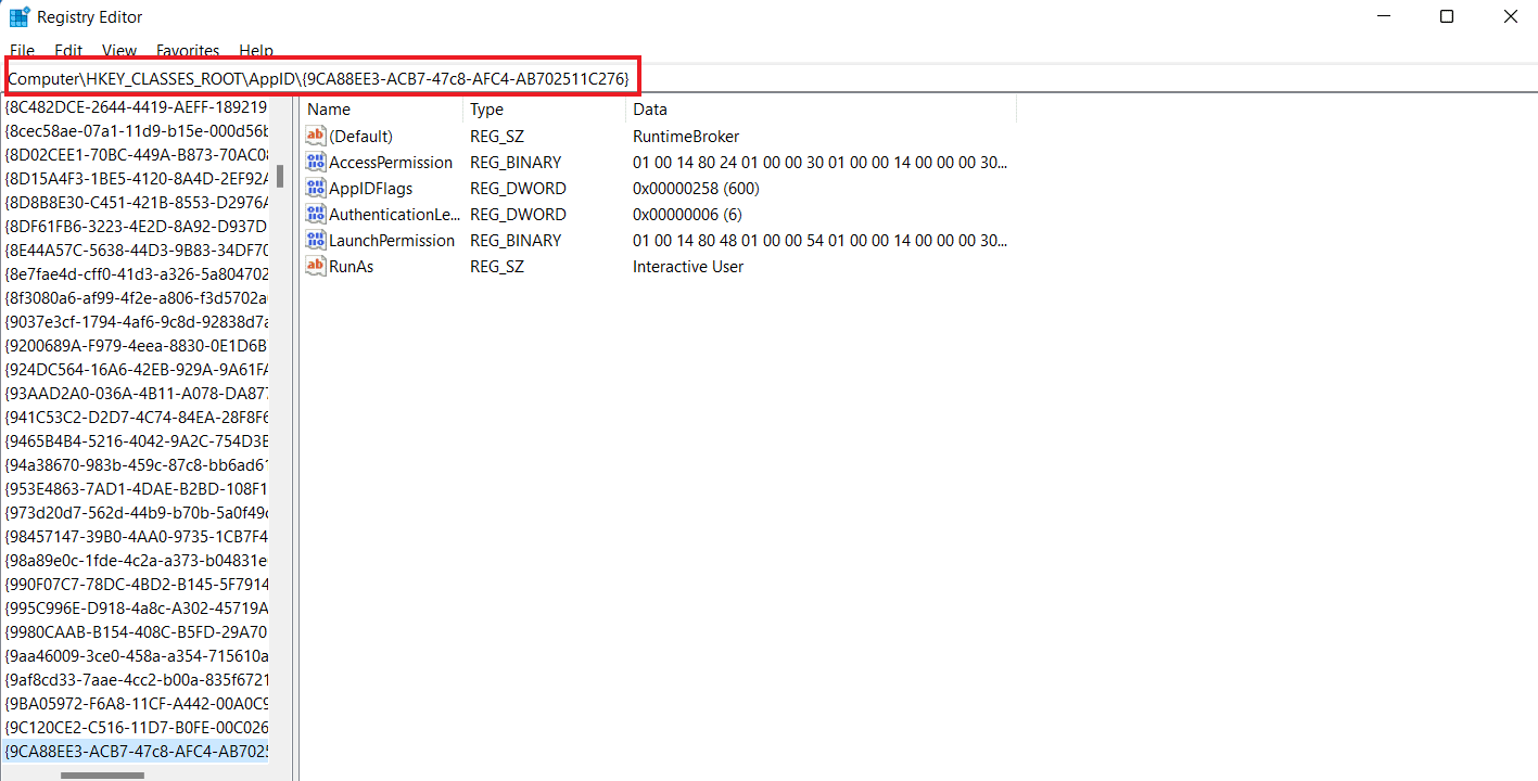 Navigate to Computer\HKEY_CLASSES_ROOT\AppID\{9CA88EE3-ACB7-47c8-AFC4-AB702511C276} 