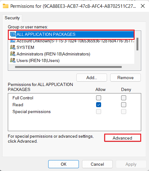 Select ALL APPLICATION PACKAGES and click on Advanced. Fix D63B10C5 BB46 4990 A94F E40B9D520160 Error