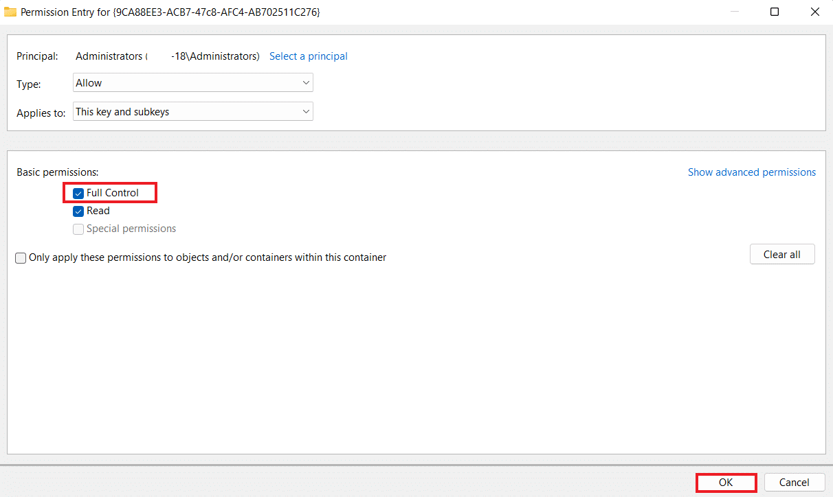 Select Full Control and click on OK 