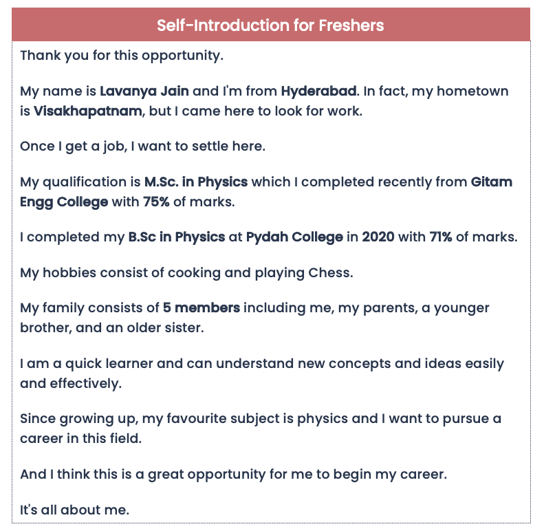 Self introduction sample for job interview