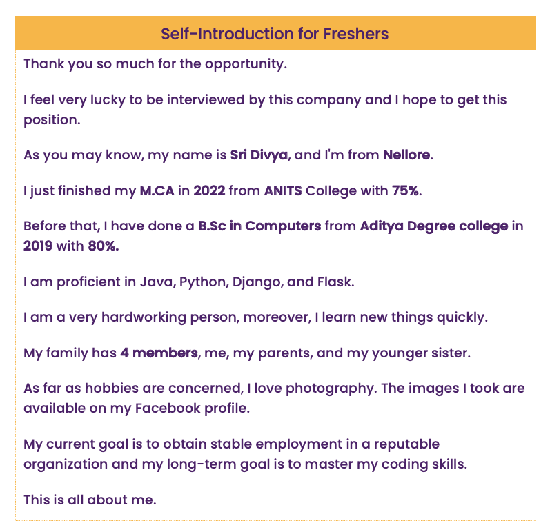 Self introduction sample for fresher job interview