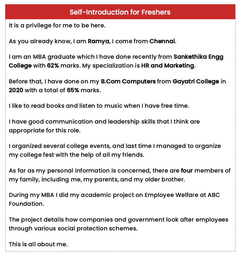 Self introduction format example for freshers