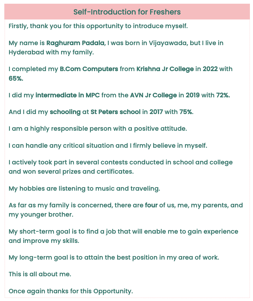 Best self introduction for freshers job interview