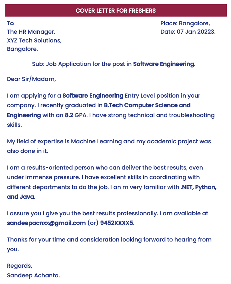 Sample cover letter for freshers in Word