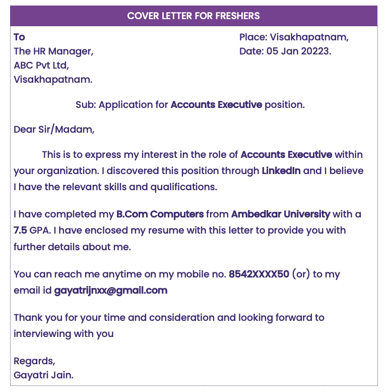 Sample cover letter for freshers free download in Word