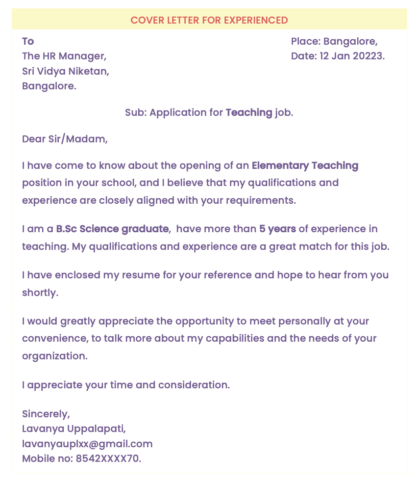 Sample cover letter for experienced in word free