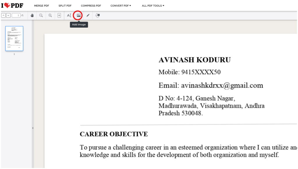 Image upload option on resume pdf