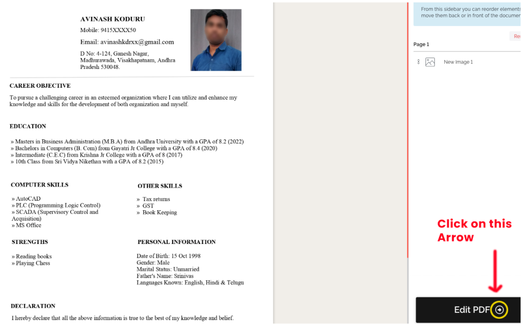 Resume pdf format image upload option