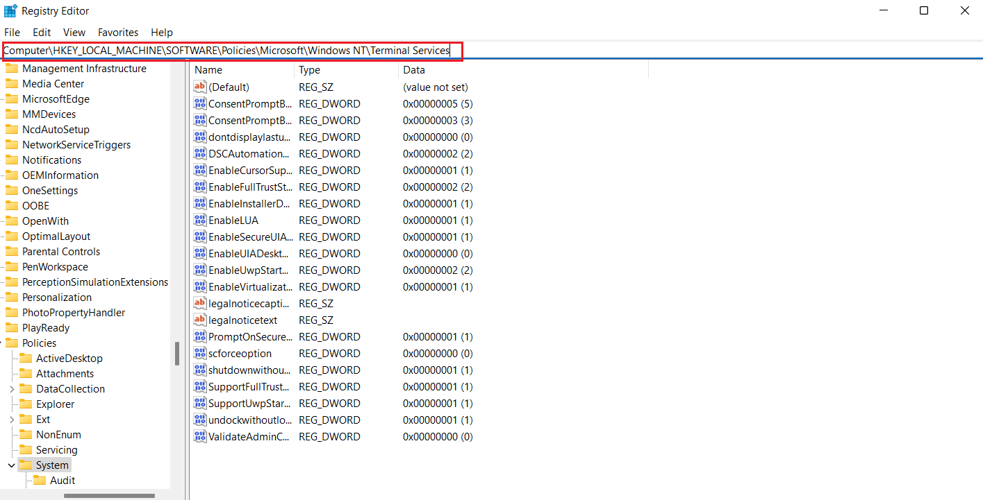 Terminal Services key folder