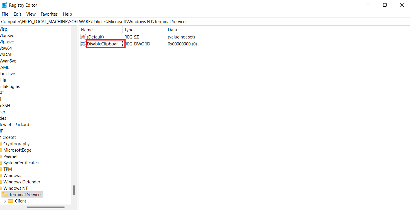 Rename value as DisableClipboardRedirection. Fix Unable to Copy and Paste to Remote Desktop Session