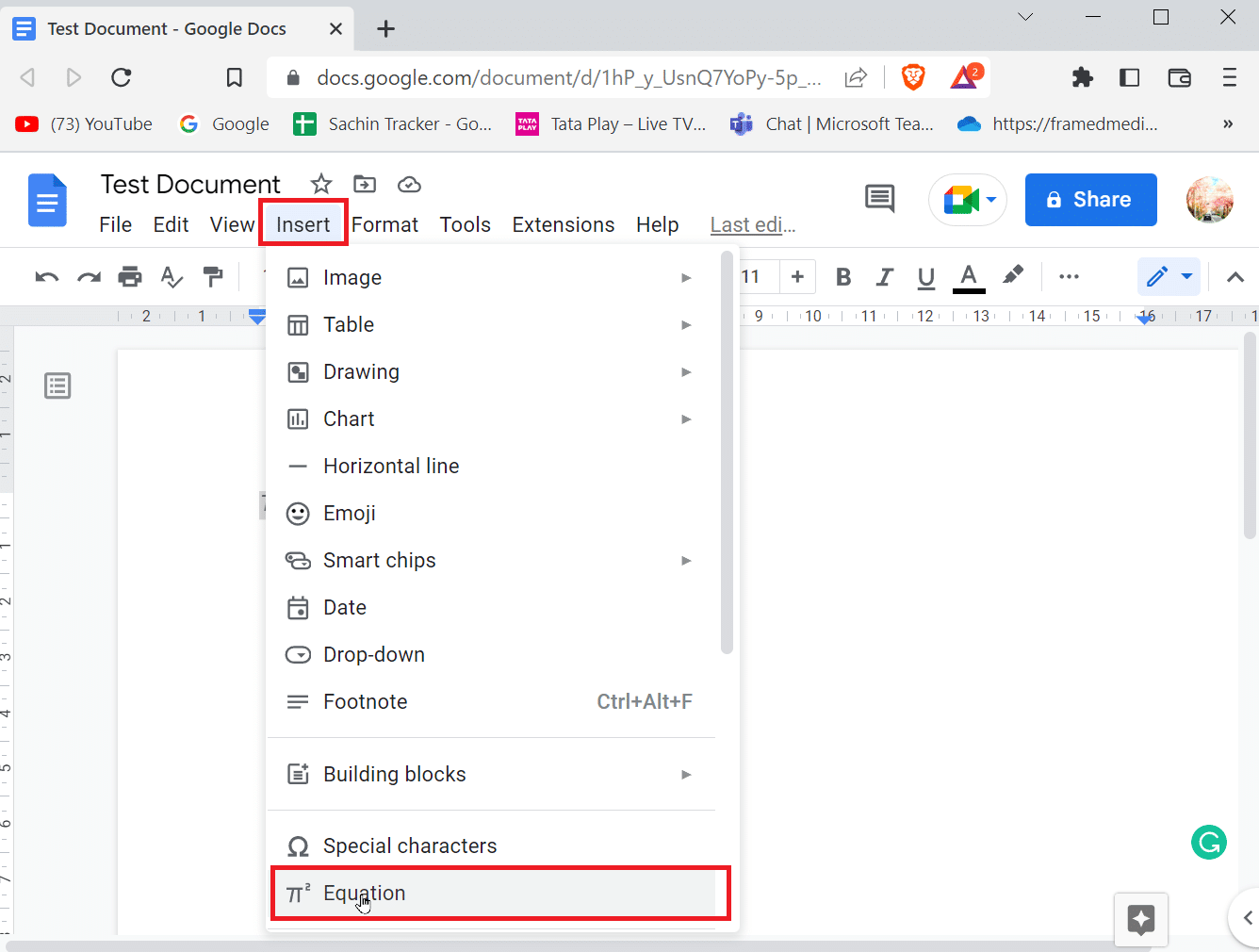 click on insert and click equation