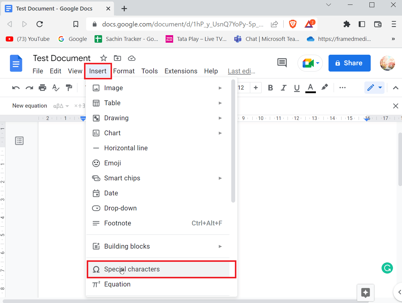 click on insert and click on special characters