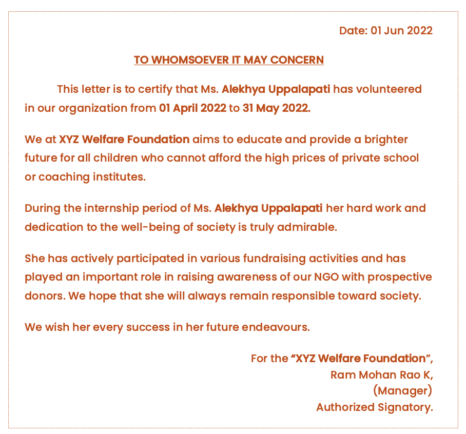 NGO experience certificate for intership
