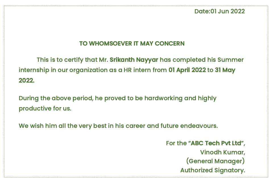Summer internship experience letter