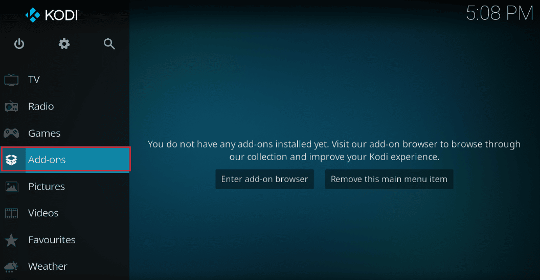 Click on the Add ons tab. 10 Ways to Fix Can’t Watch Streams on Kodi Error