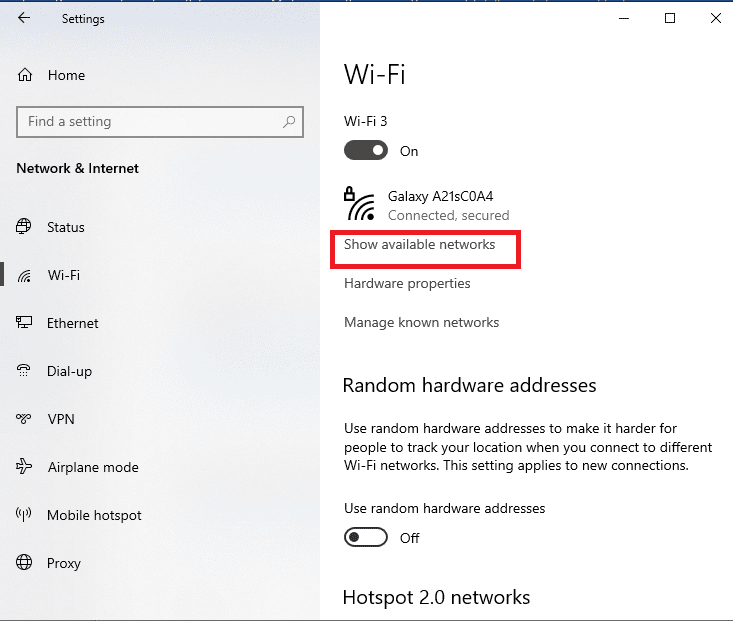 Click on the Show available networks option to search for WiFi networks | Cox WiFi hotspot free trial code