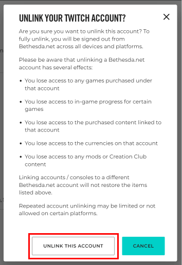 Click on the UNLINK THIS ACCOUNT button to unlink the Bethesda account from the desired service. | change bethesda account