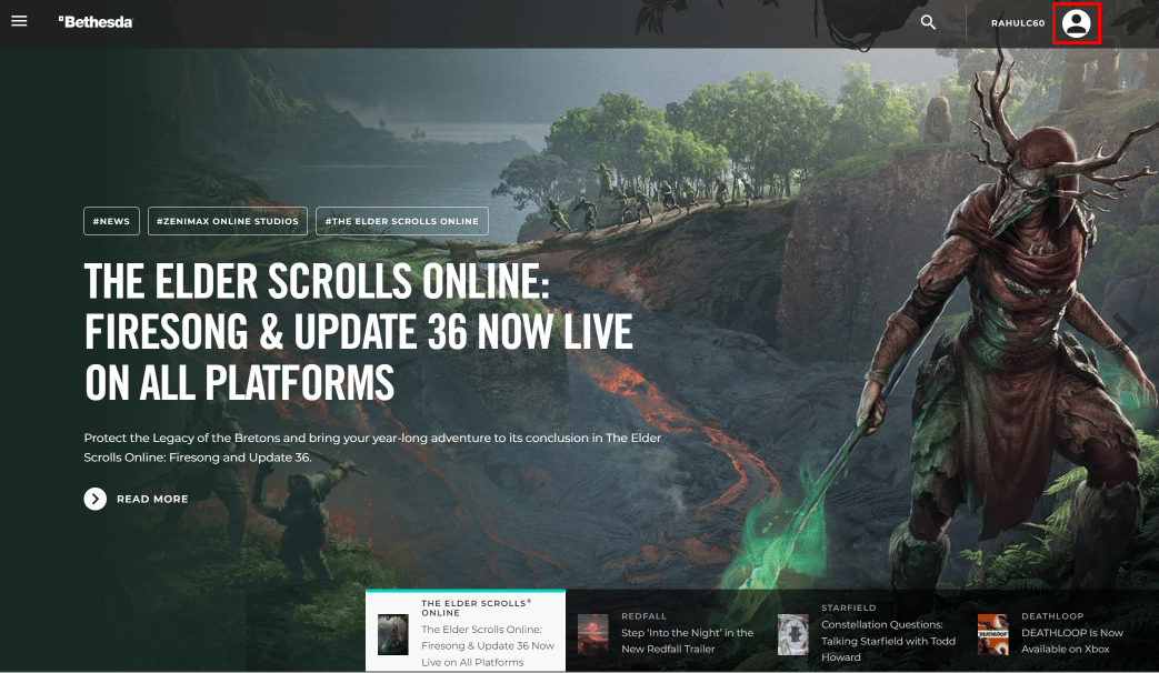 click on the profile icon at the top right of the website | change bethesda account