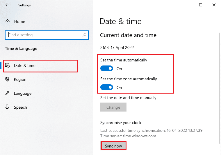 make sure Set the time automatically and Set the time zone automatically options are toggled on