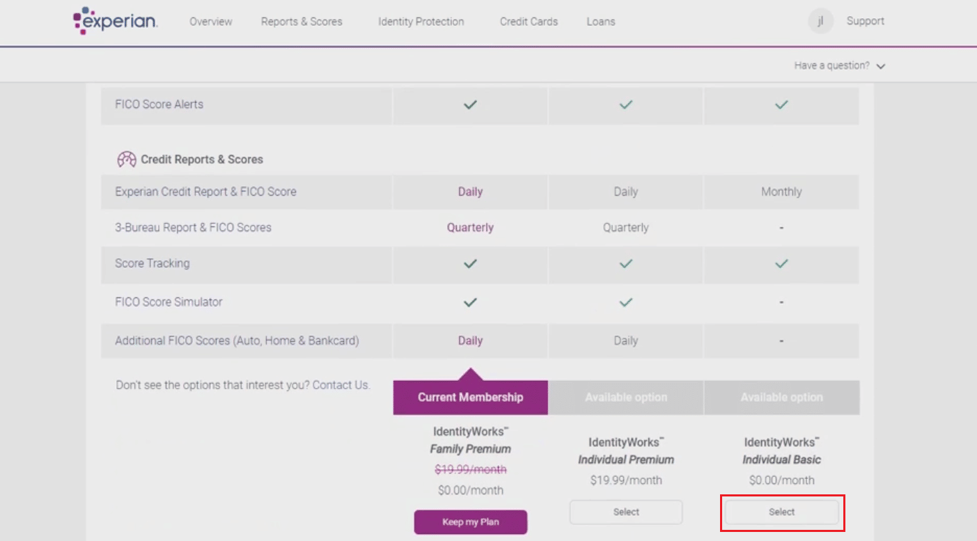 scroll down and click on Select for the IdentityWorks Individual Basic plan