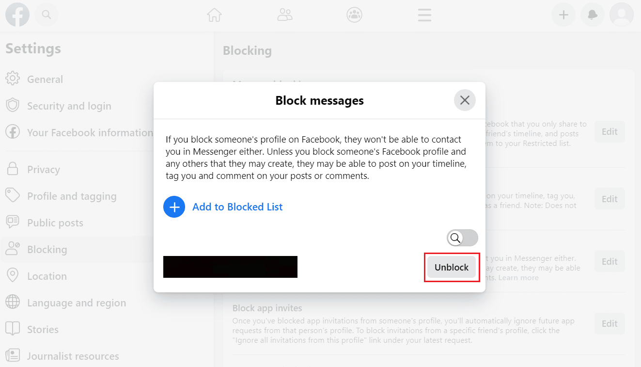 Click on Unblock next to the desired account to immediately remove them from the blocked list