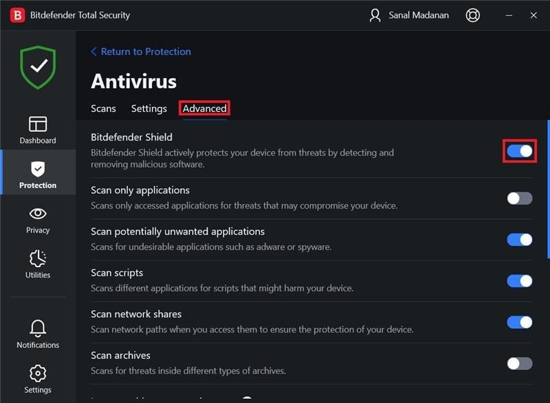 Click Advanced and use the switch toggle to turn off BitDefender Shield. Fix a fatal Javascript error occurred when installing Windows client