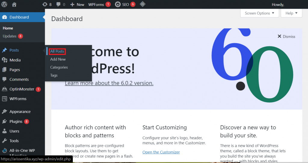 A highlighted All Posts button on WordPress