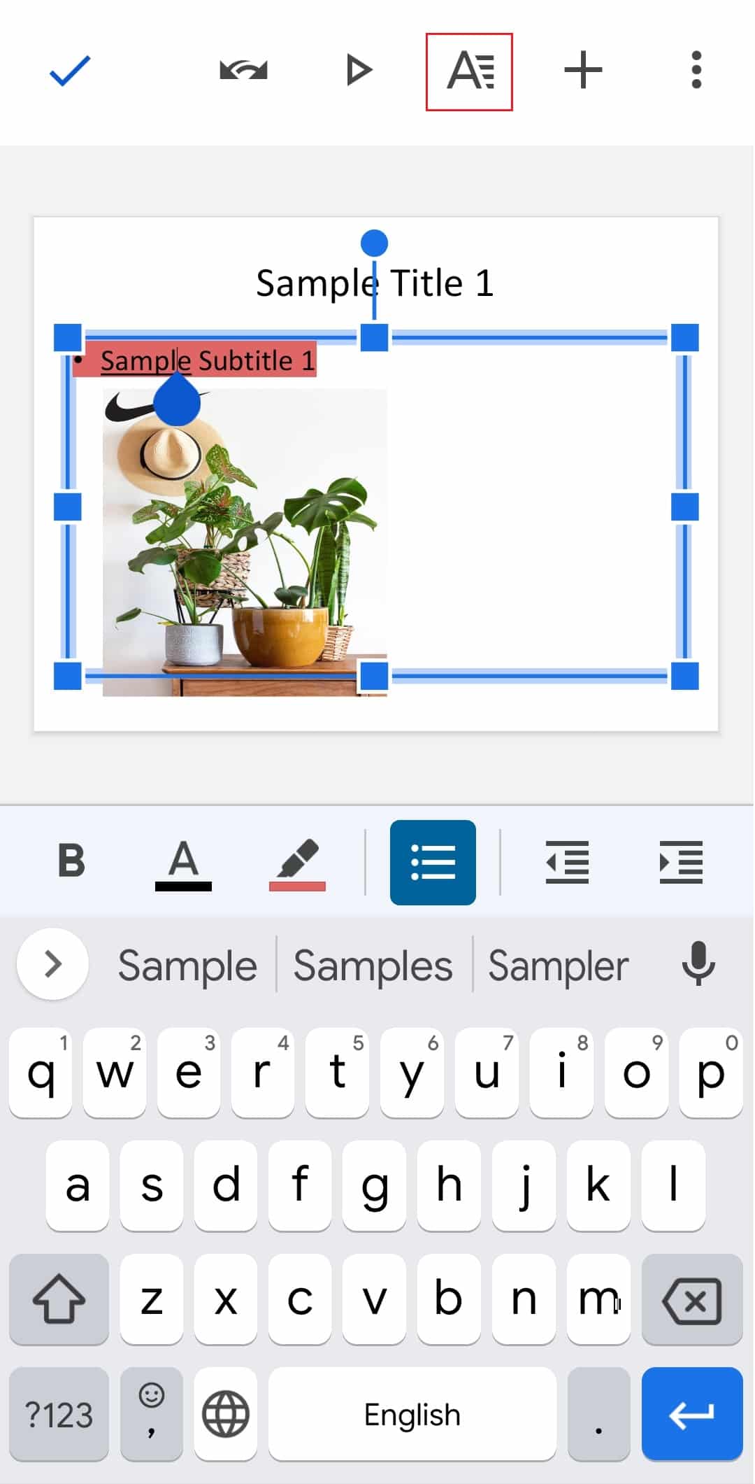 tap on A icon to edit the text