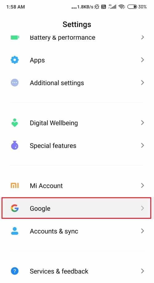 Look for Settings in the App drawer and find Google