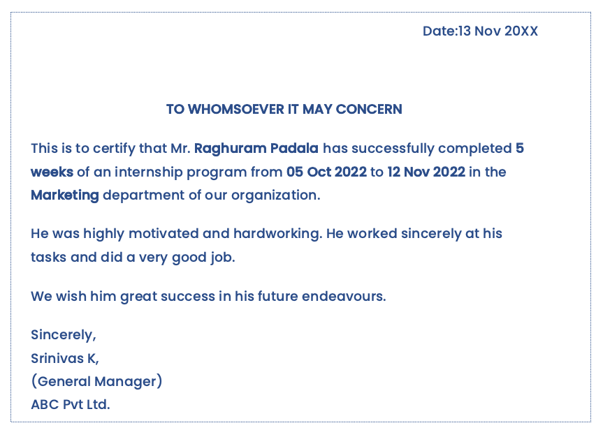 Internship experience certificate template