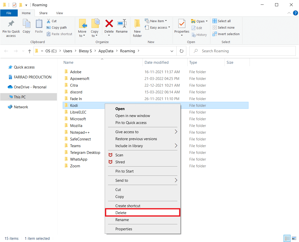 Right click on the Kodi folder and click on the Delete option