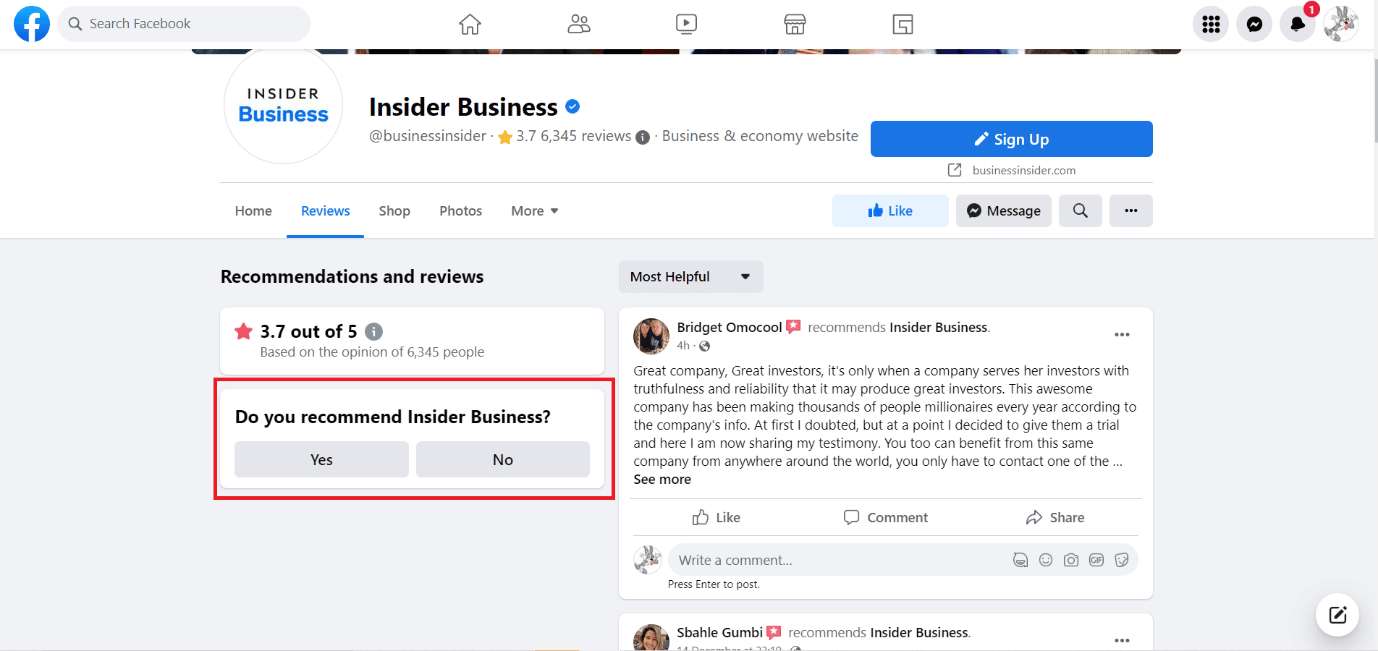 Choose Yes or No under the Do You recommend Business question